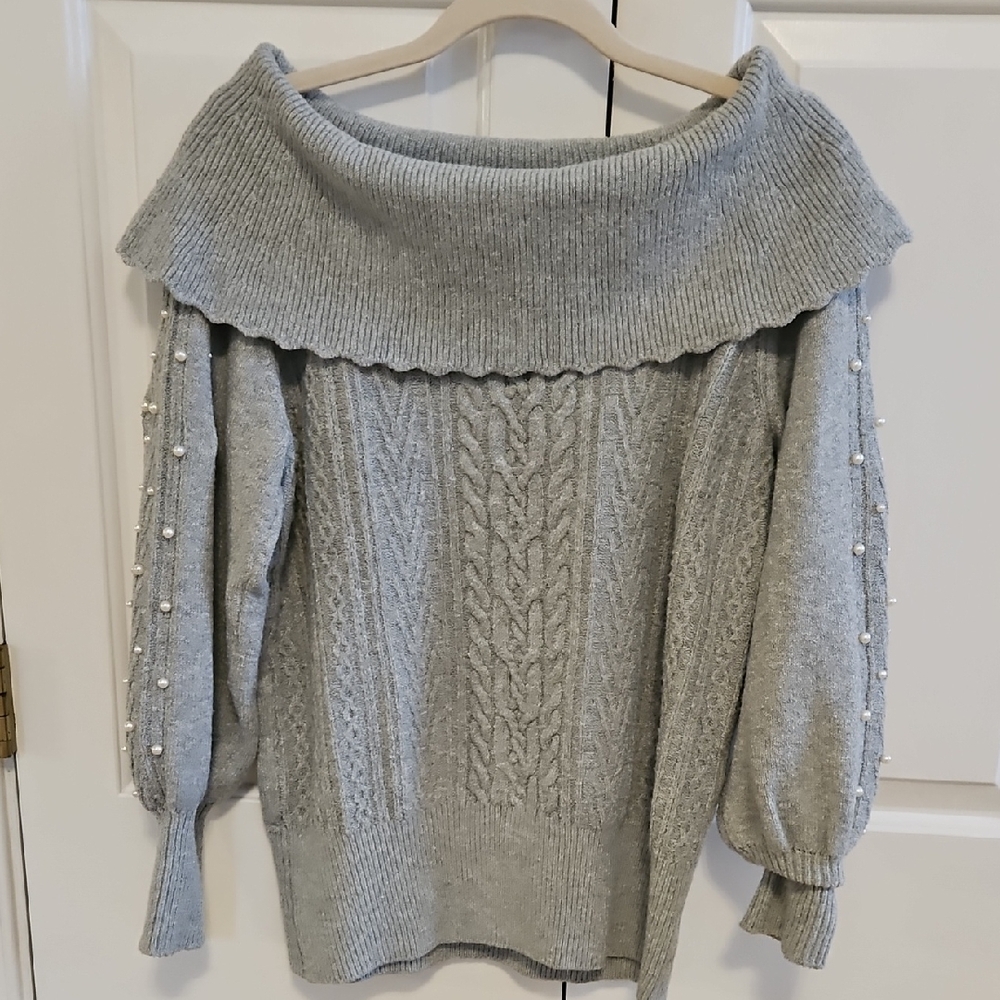 Crown & ivy Gray Off-Shoulder Sweater with Pearl Details